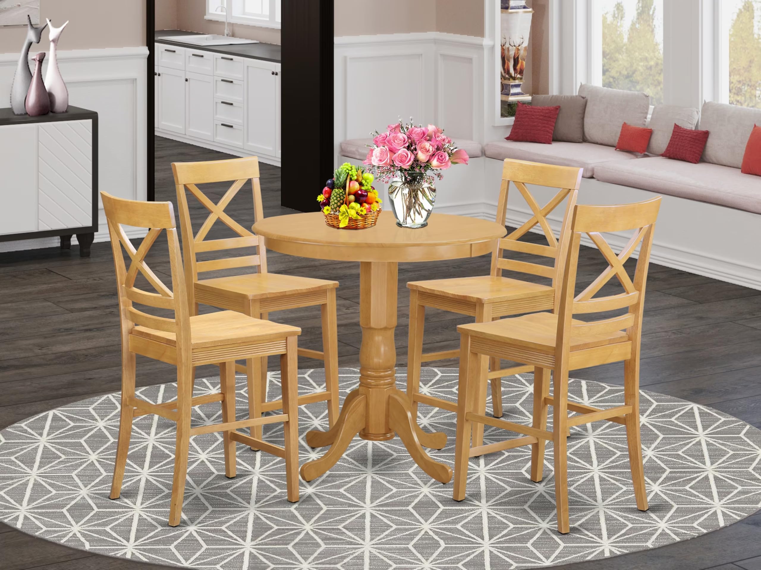 East West Furniture JAQU5-OAK-W 5 Piece Counter Height Dining Table Set Includes a Round Wooden Table with Pedestal and 4 Kitchen Dining Chairs, 36x36 Inch, Oak