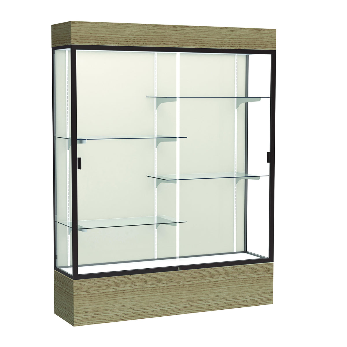 Waddell 60&quot; W X 80&quot; H X 16&quot; D Lighted, Plaque Back, Dk Finish, Oak Base Reliant Floor Display Case, 60&quot;X80&quot;X16&quot;, Driftwood/Dark Bronze