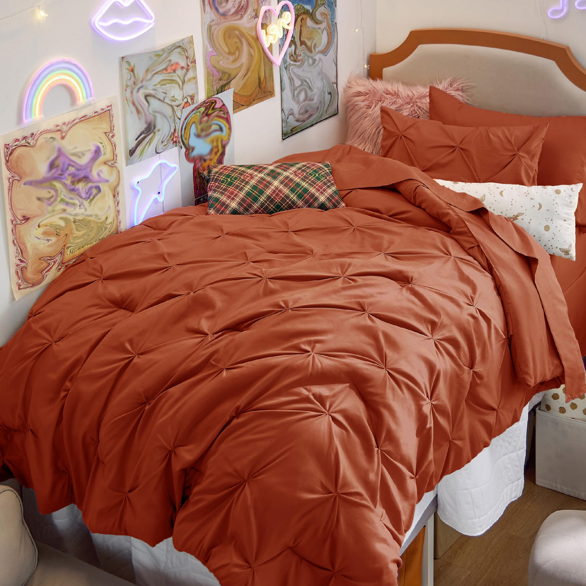 Bedsure Twin Size Comforter Sets - 5 Pieces Pintuck Bed Set Twin Size, Orange Twin Size Bed In A Bag With Comforter, Sheets, Pil
