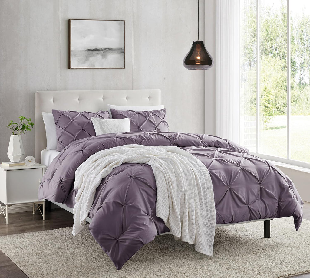 Nestl Twin Duvet Cover Set Pintuck - Double Brushed Grayish Purple Duvet Cover Twin 2 Piece With Button Closure, 1 Pinch Pleated