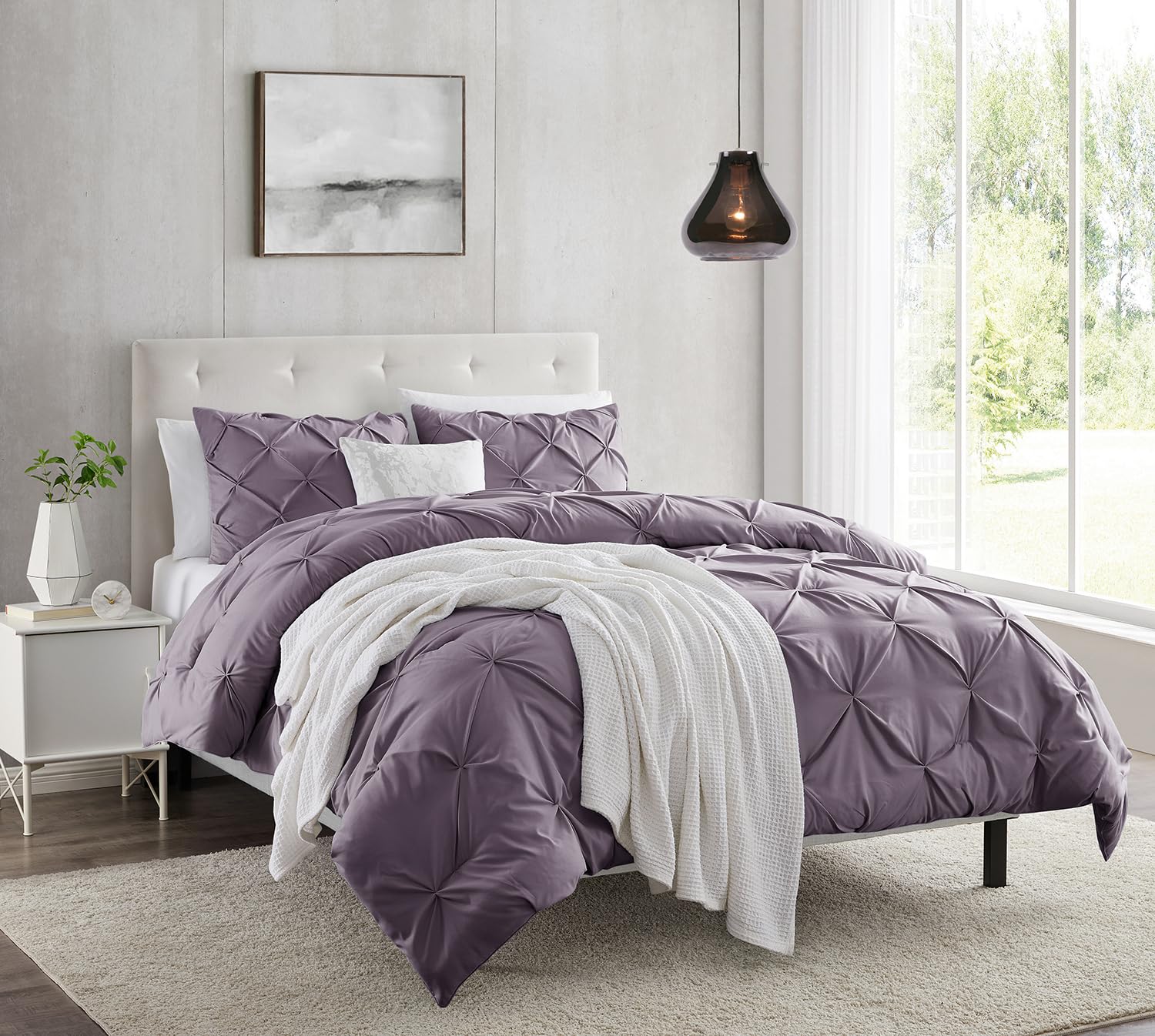 Nestl Grayish Purple Duvet Cover Queen Size - Pintuck Queen Duvet Cover Set, 3 Piece Double Brushed Duvet Covers With Button Clo