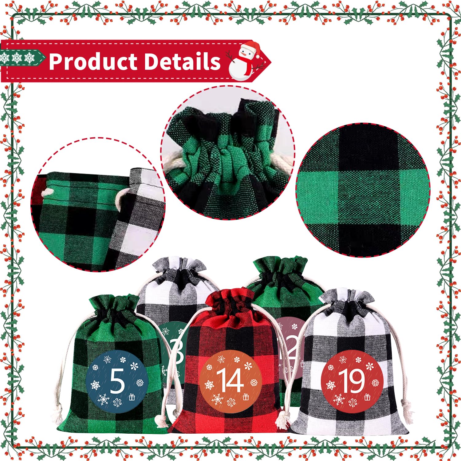 24 Pcs Christmas Advent Calendar Bags, Christmas Advent Calendar Burlap Bags, Hanging Candy Gift Bags With Drawstring, 24 Days C