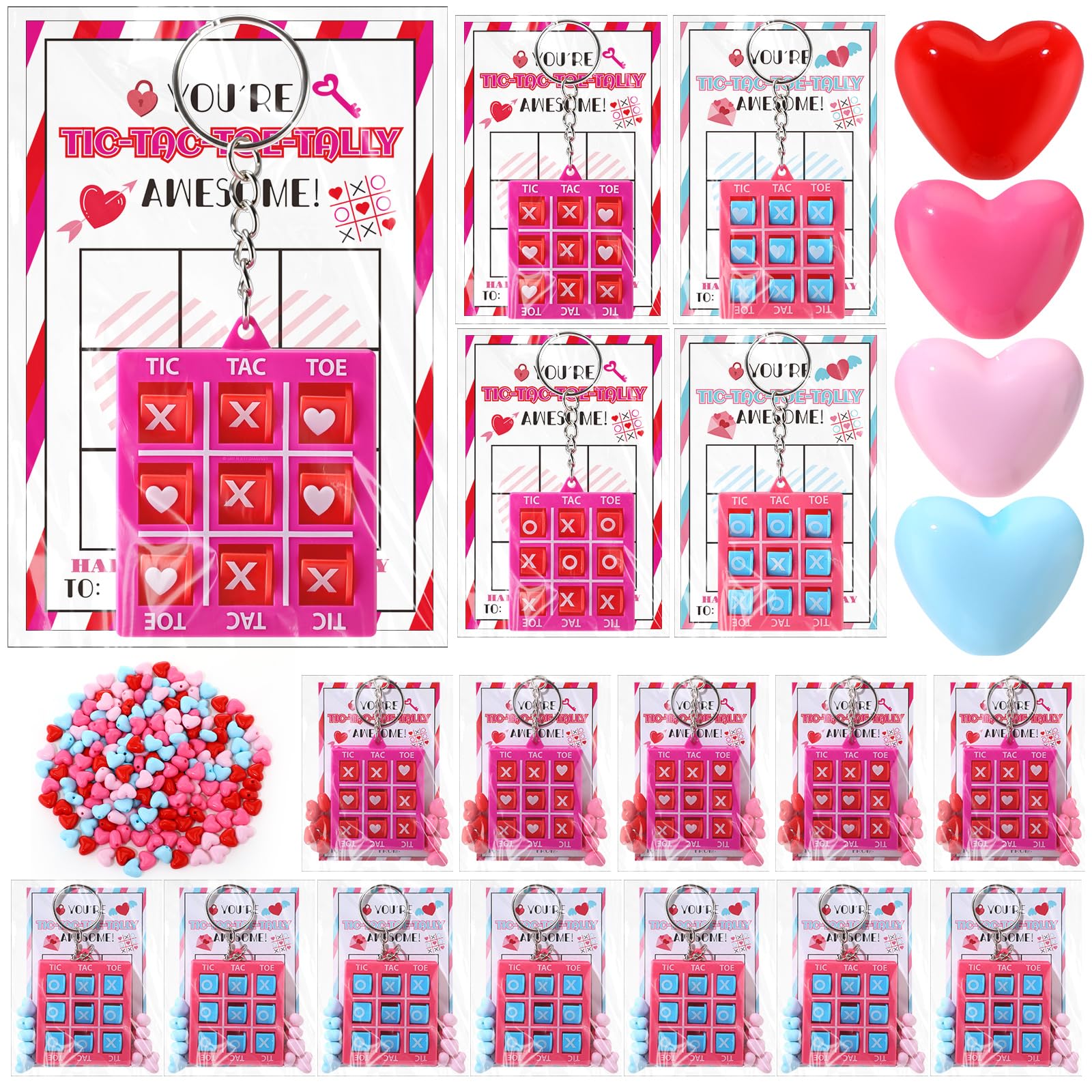 JolliLudo 24 Sets Valentines Day Tic Tac Toe Game Keychains with Inspirational Cards and Heart Beads Galentine Party Favors for 