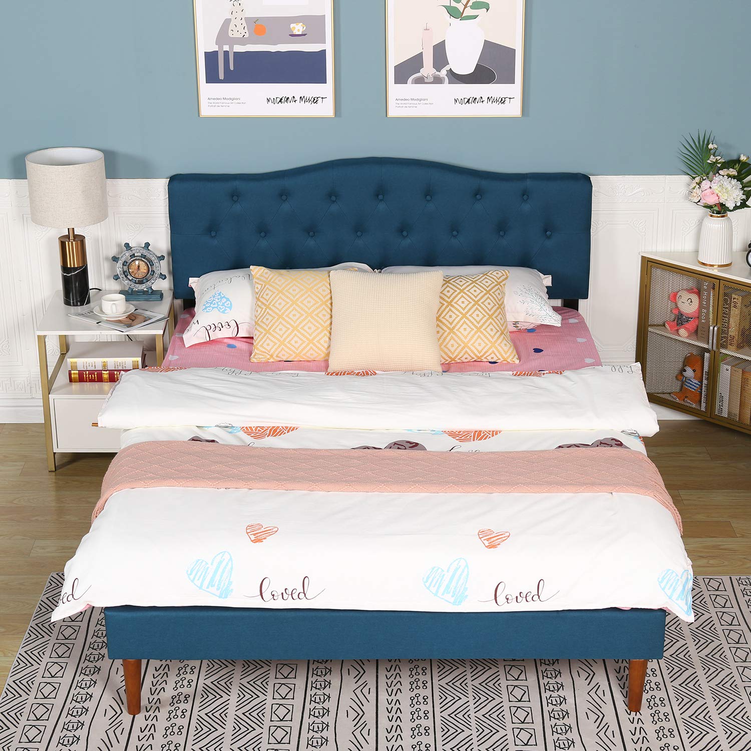 Vecelo Classic Upholstered Platform Bed Diamond Stitched Cloth Panel Headboard/Mattress Foundation/Easy Assembly/Strong Slat Support Full,Blue