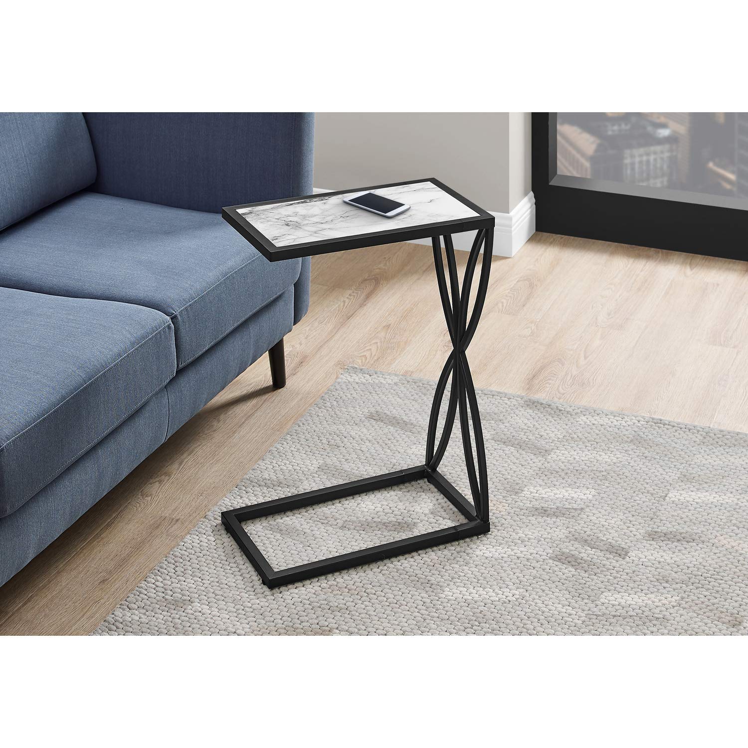 Monarch Specialties 3304 Accent Table, C-Shaped, End, Side, Snack, Living Room, Bedroom, Laminate, Contemporary, Modern Table-25 H/White Marble-Look/Black Metal, 10.25&quot; L X 18.25&quot; W X 25.25&quot; H