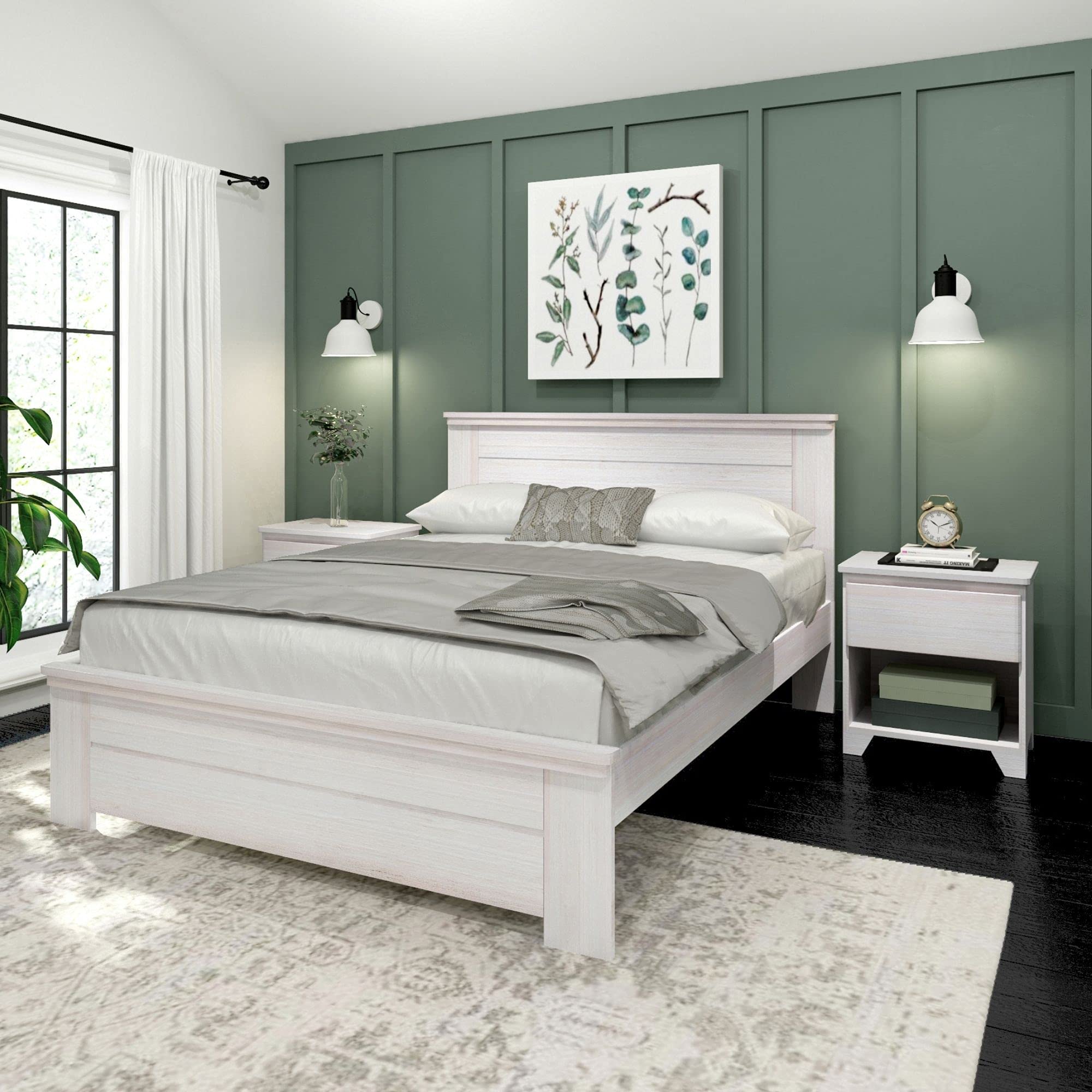 Plank+Beam Rustic Wood Queen Bed Frame, Platform Bed with Headboard, Solid, White Wash