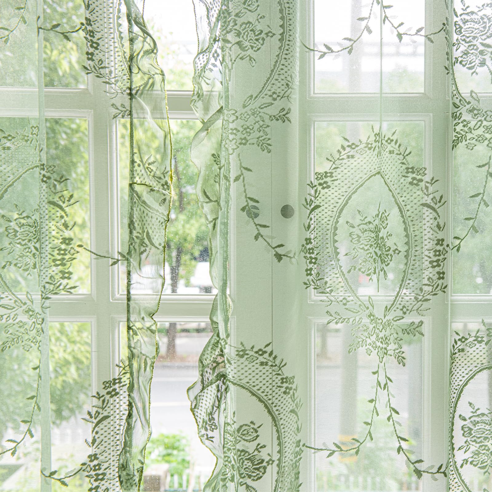 Deeprove Green Lace Curtains 84 Inches Long 2 Panels Set, Boho Sheer Florals Scallop Ruffle, Shabby Chic Vintage Window Treatmen