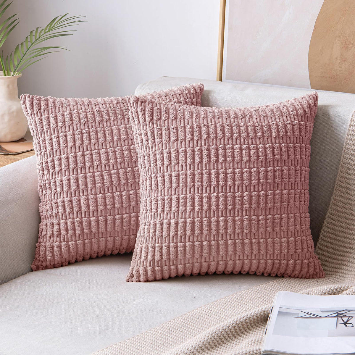 Miulee Pack Of 2 Blush Pink Throw Pillow Covers 24X24 Inch Corduroy Decorative Couch Pillow Covers Soft Boho Striped Pillow Cove