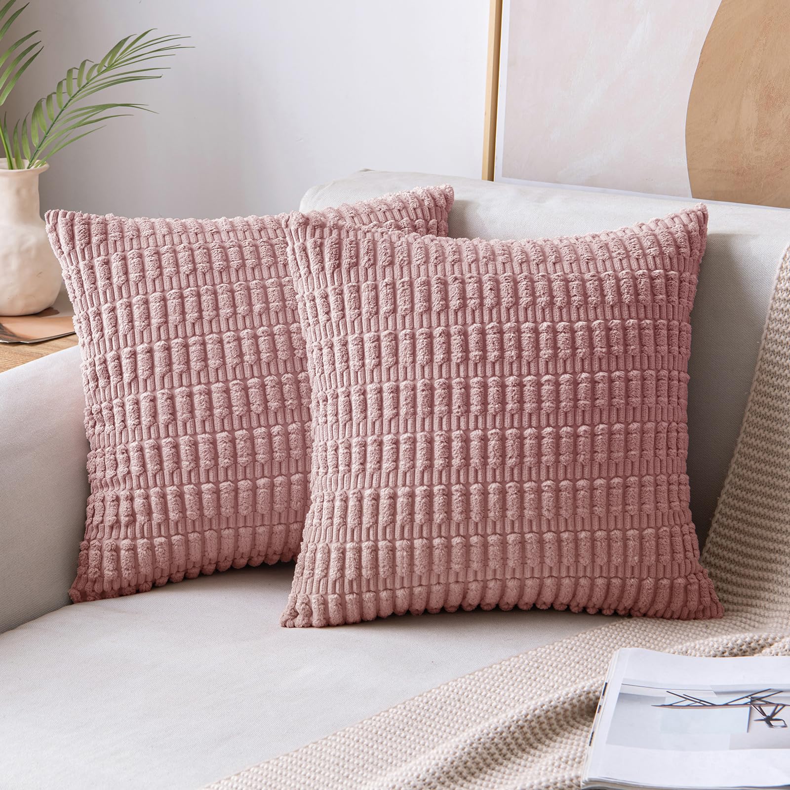 Miulee Pack Of 2 Blush Pink Throw Pillow Covers 18X18 Inch Corduroy Decorative Couch Pillow Covers Soft Boho Striped Pillow Cove