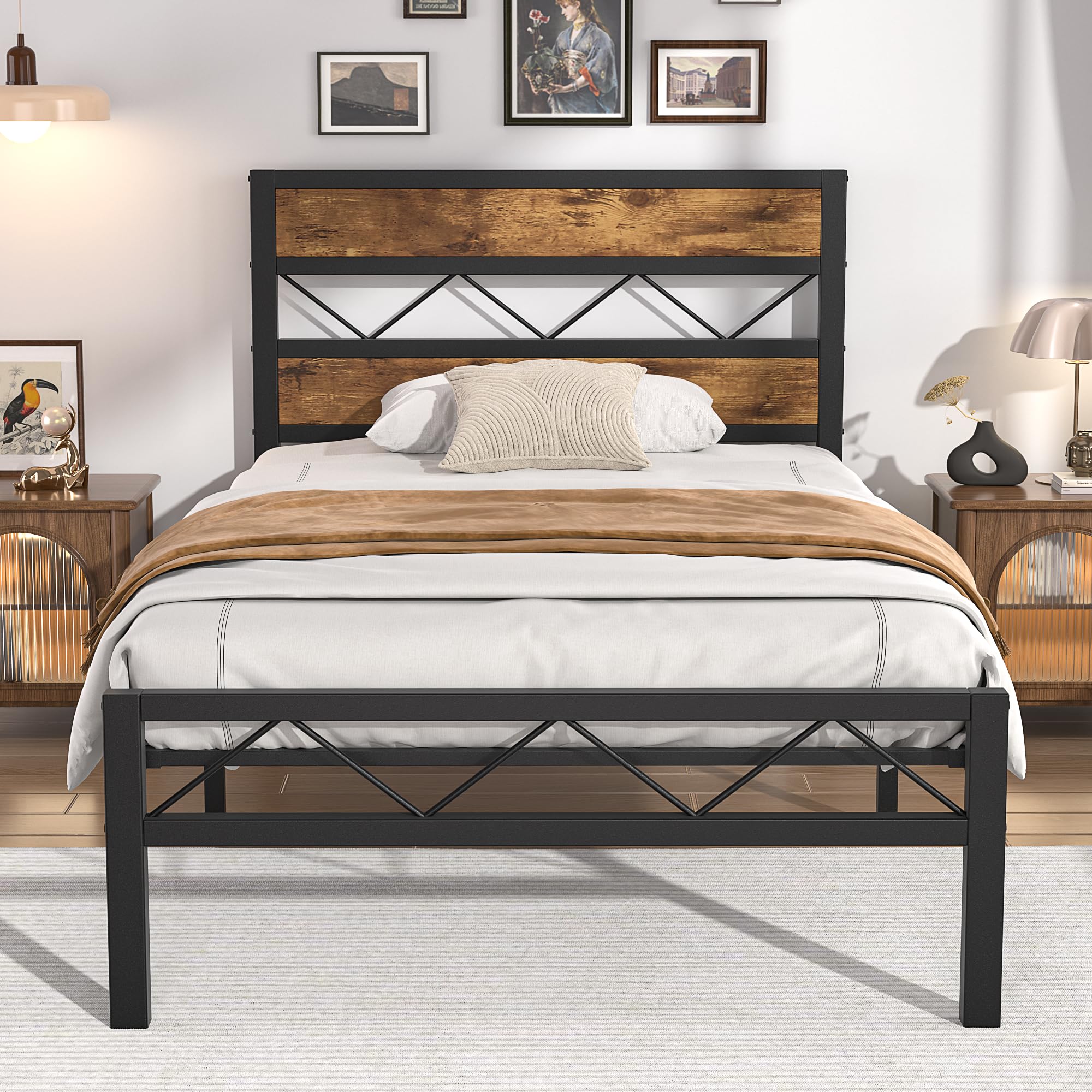 VECELO Twin Metal Platform Bed Frame with Rustic Vintage Wooden Headboard, Heavy Duty Metal Slats Support, Platform Mattress Bas