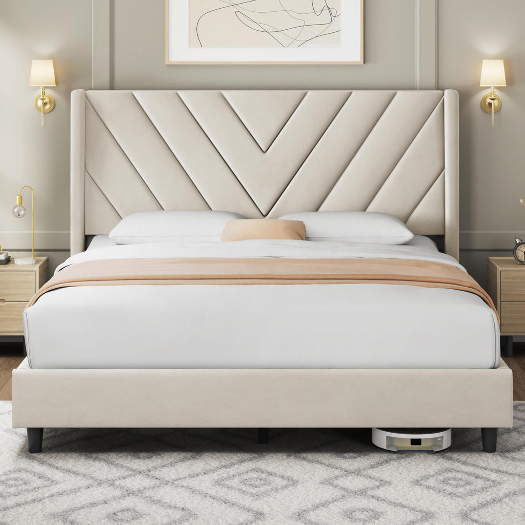 Yaheetech Queen Bed Frame Upholstered Platform Bed With Wing Side/Wooden Slat Support/Tufted Headboard With Wing Side/Mattress Foundation/No Box Spring Needed,Beige Queen Bed