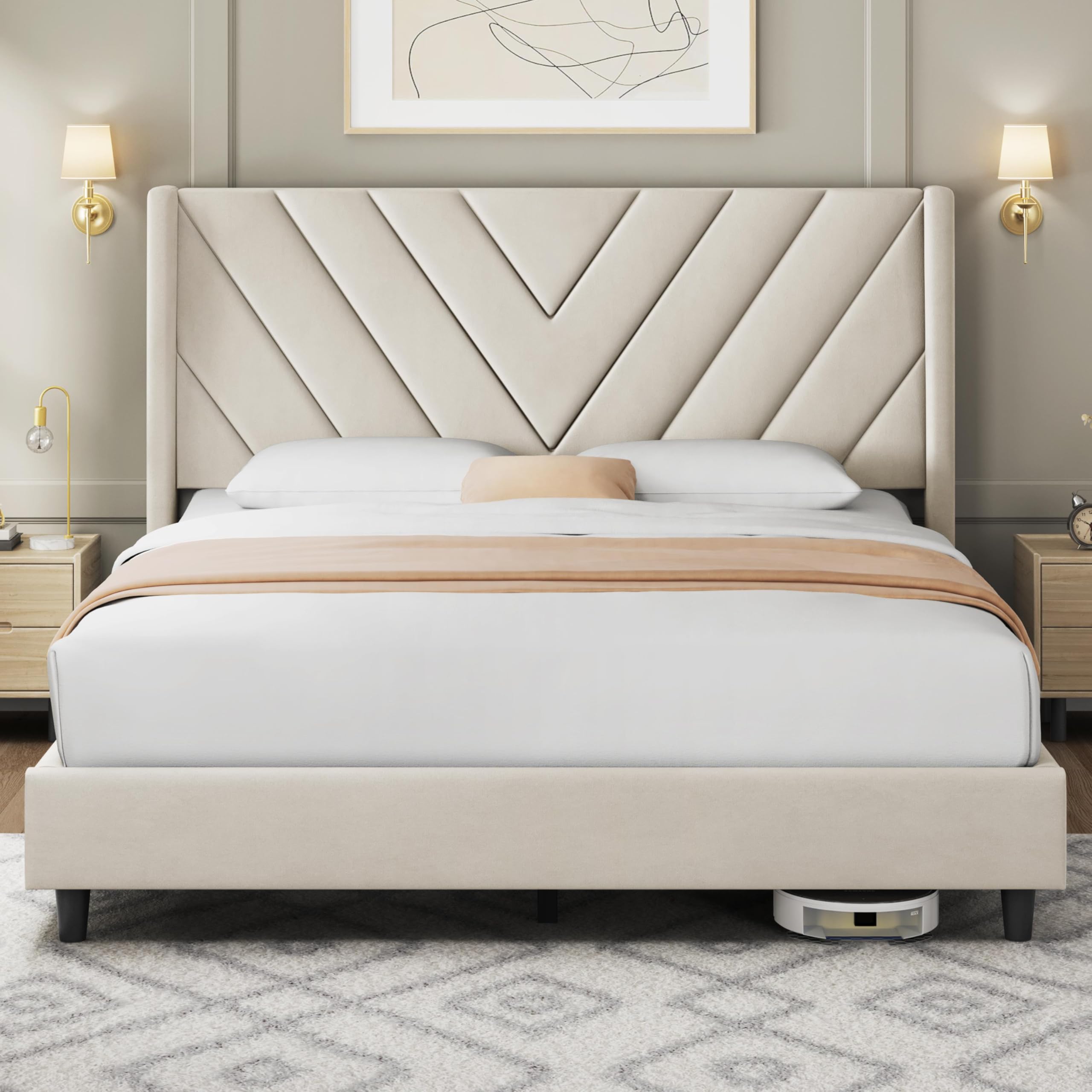 Yaheetech Queen Bed Frame Upholstered Platform Bed With Wing Side/Wooden Slat Support/Tufted Headboard With Wing Side/Mattress Foundation/No Box Spring Needed,Beige Queen Bed
