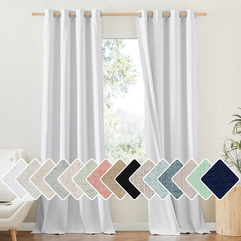 Nicetown 100% Absolutely Blackout Linen Curtains With Thermal Insulated White Liner, White, 52 Inches Wide, 102 Inches Length Energy Saving Curtains For Living Room 2 Panels Set, Vertical Blinds