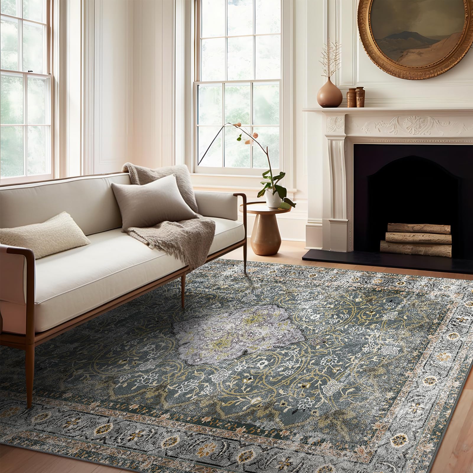 Ashler Boho Rug, 5x7 Area Rugs, Vintage Rugs, Large Area Rug, Rugs for Living Room, Bedroom, Kitchen, Dinner, Grey Cya/Earthy Ye