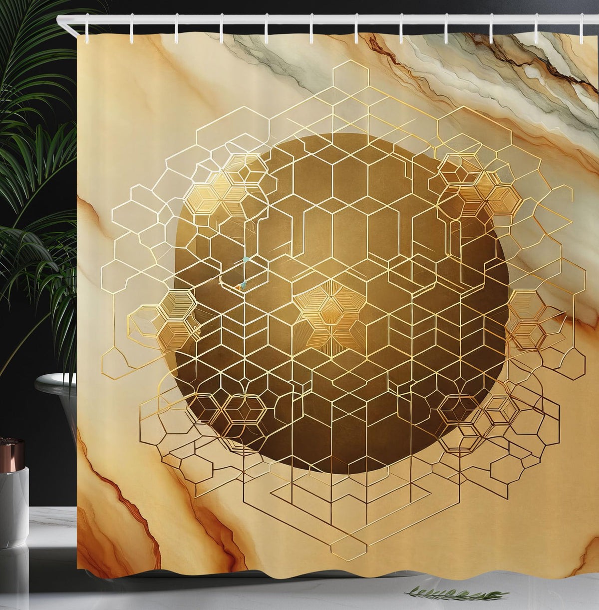 Ambesonne Yellow Shower Curtain, Earth Tones Futurist Cubes Featuring a Ball Shape on Marble Print Back, Cloth Fabric Bathroom D
