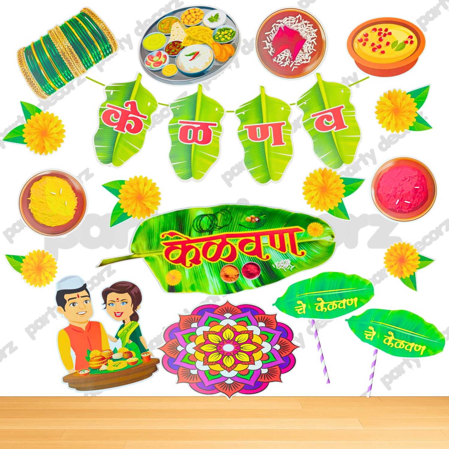 Party Decorz Kelvan Decoration Items Marathi Of 16 Pcs | Kelvan Paper Banner (1 Set) | Kelvan Paper Cutouts (13 Set) | Kelvan Pa