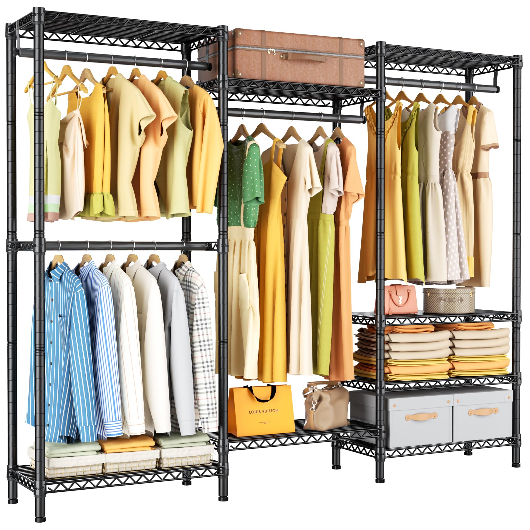 Heavy Duty Garment Rack Large Clothes Rack,Freestanding Closet Portable Clothing Rack with 8 Adjustable Wire Shelves and 4 Hang 