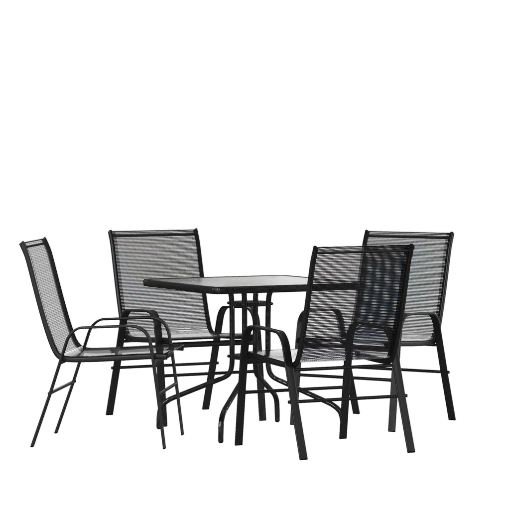 Flash Furniture Brazos Series 5-Piece Glass Patio Table And Chairs Set, Outdoor Patio Dining Set With Square Table And 4 Sling Patio Chairs, Black