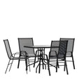 Flash Furniture Brazos Series 5-Piece Glass Patio Table And Chairs Set, Outdoor Patio Dining Set With Square Table And 4 Sling Patio Chairs, Black