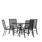 Flash Furniture Brazos Series 5-Piece Glass Patio Table And Chairs Set, Outdoor Patio Dining Set With Square Table And 4 Sling Patio Chairs, Black