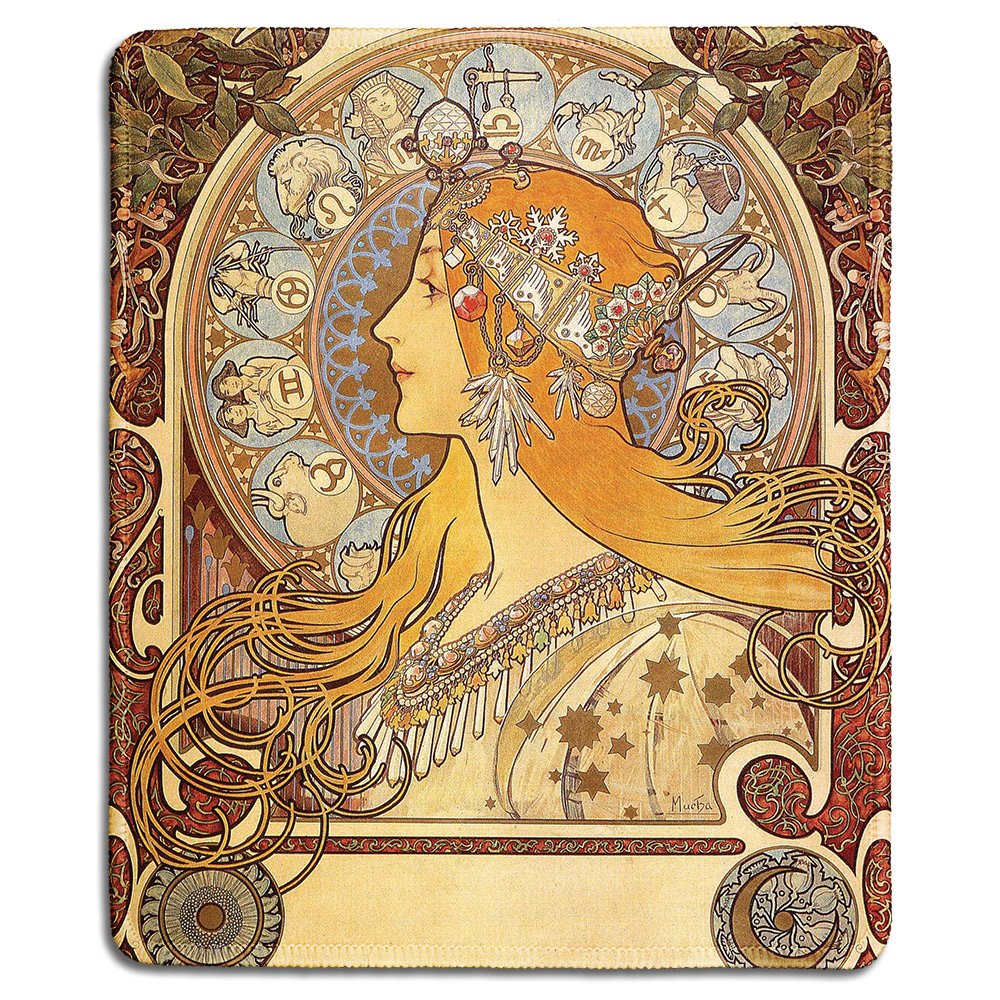Dealzepic - Art Mousepad - Natural Rubber Mouse Pad With Classic Poster Of Zodiac,1896 By Alphonse Mucha - Stitched Edges - 9.5X