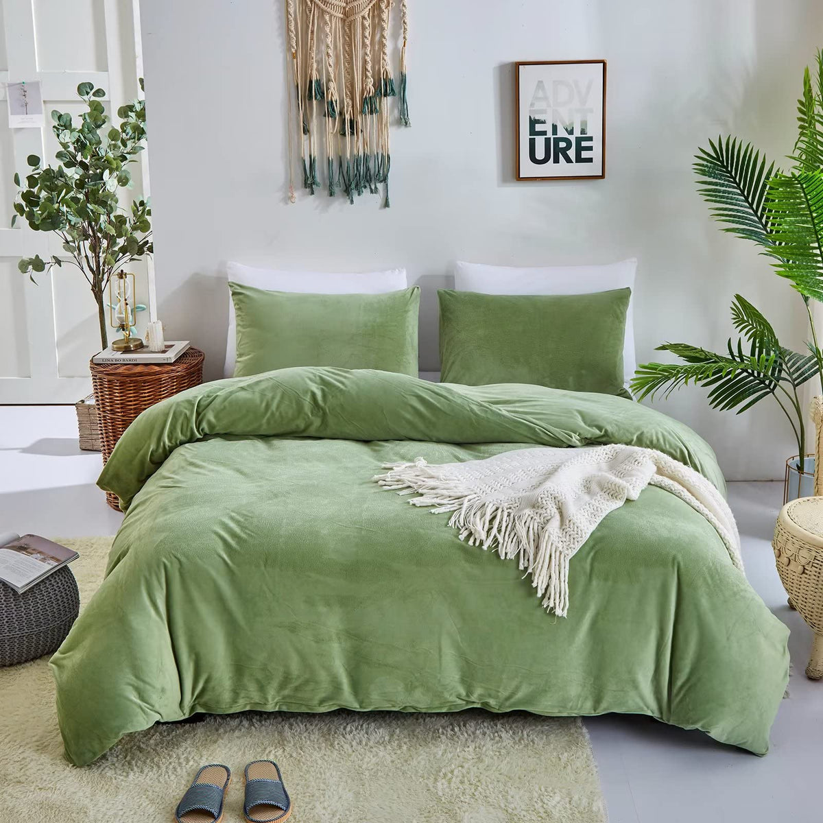 Houseri Sage Green Velvet Duvet Cover Queen Light Green Fluffy Bedding Set Sage Green Comforter Cover Full Size Duvet Cover Flan