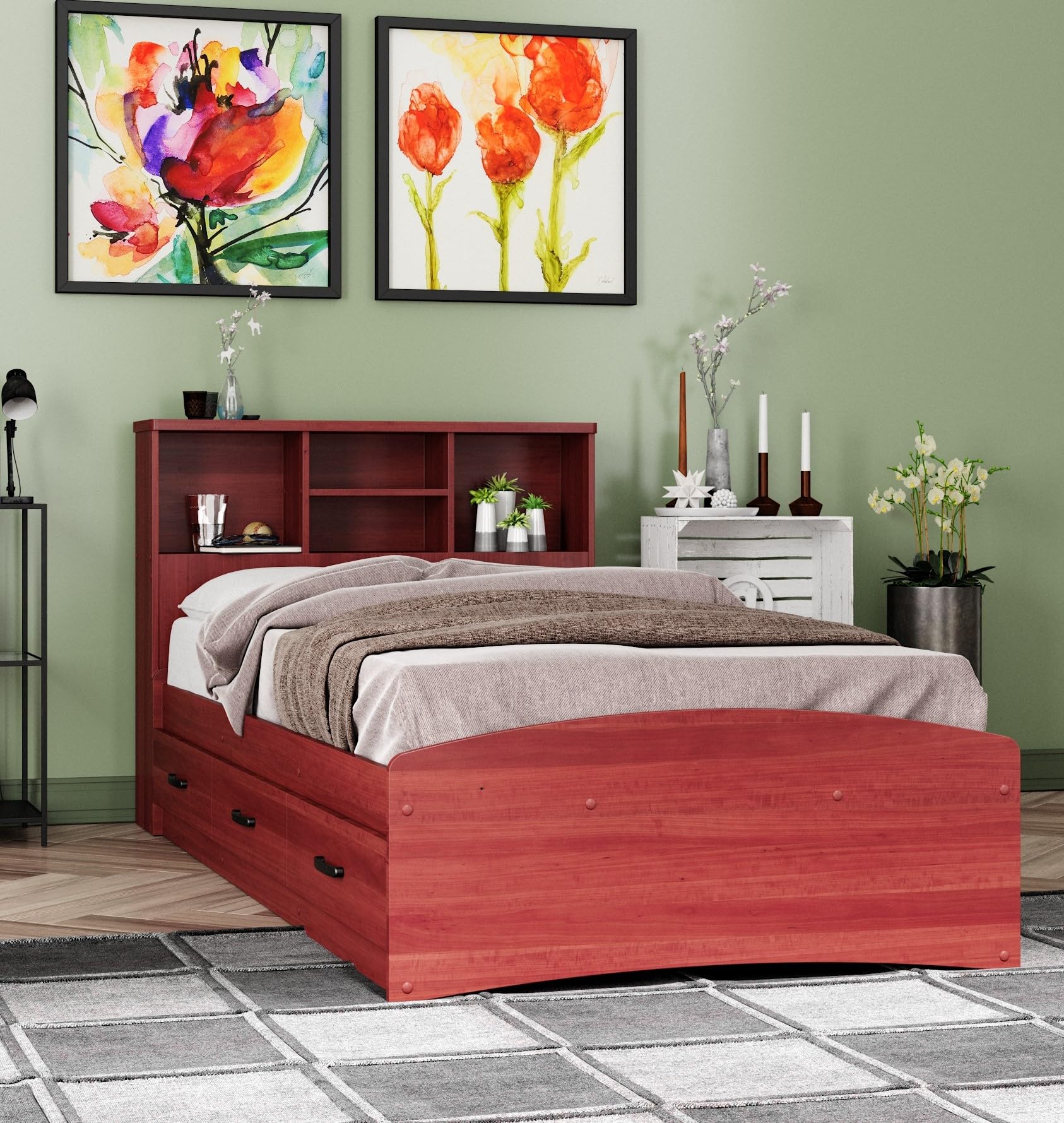Captain Paltform Bed with 3 Drawers and Bookcase Headboard (Mahogany, Twin)