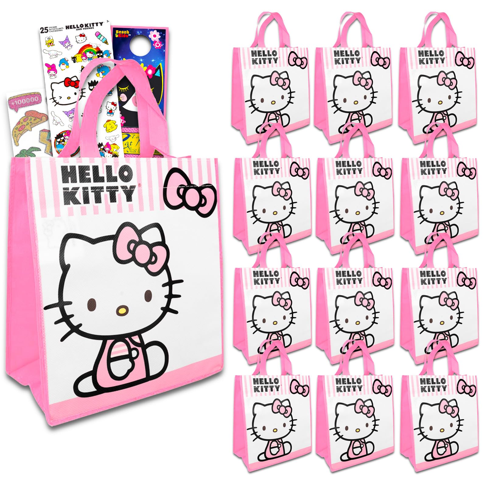 Hello Kitty Mini Party Favor Bag Set - Bundle with 12 Reusable 8 Hello Kitty Totes, Tattoos, Stickers and More | Birthday Party 