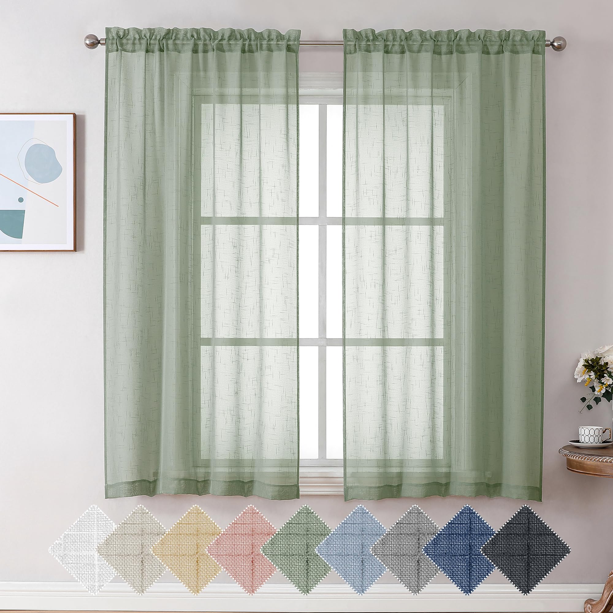 Aiyufeng Kirei Sage Green Linen Sheer Curtains 63 Inch Length - Premium Flax Linen Material Soft Semi Sheer Half Privacy Protect