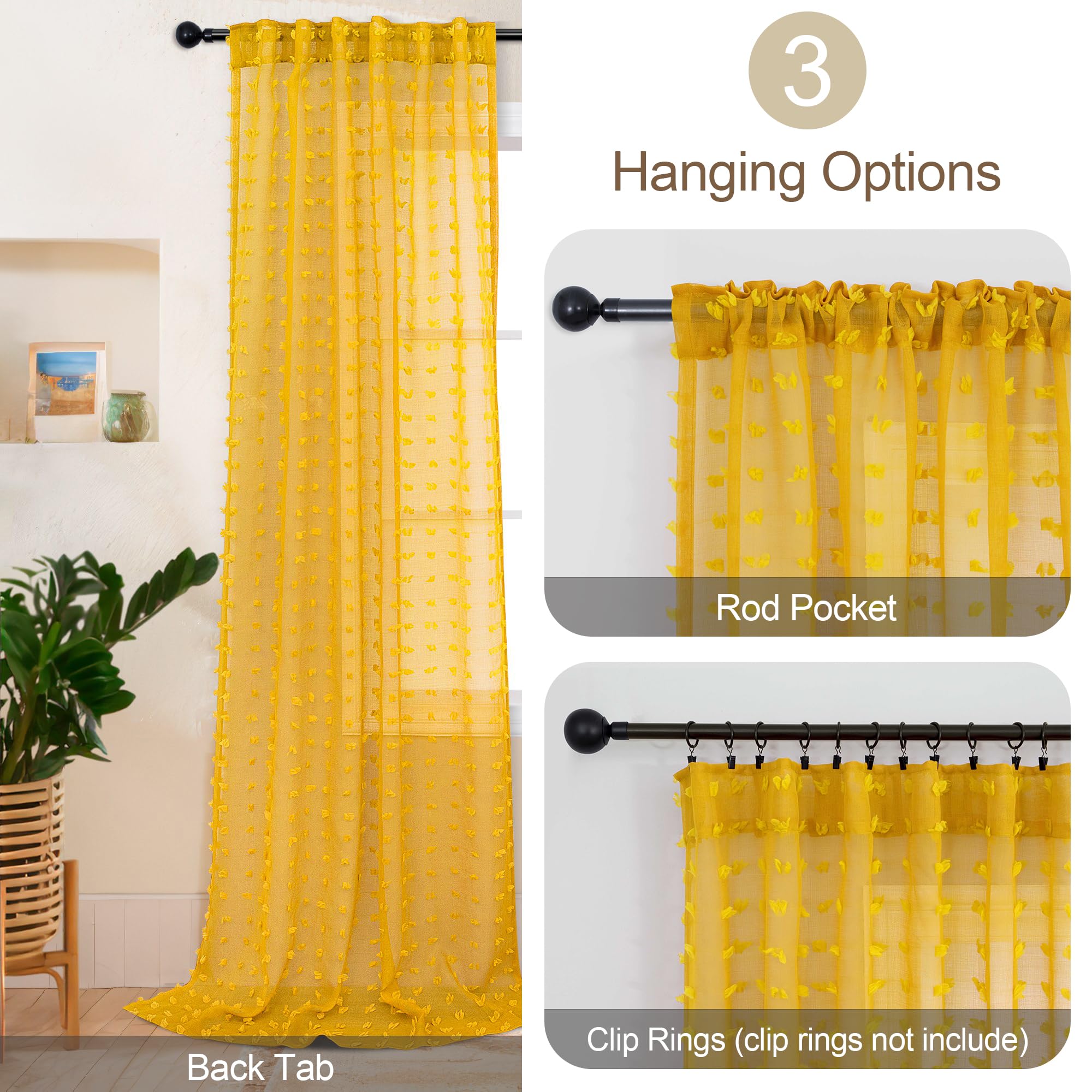 Mustard Yellow Sheer Curtains 84 Inch Length 2 Panels For Spring Living Dining Room Bedroom Boho Farmhouse Gold Semi Sheer Pom P