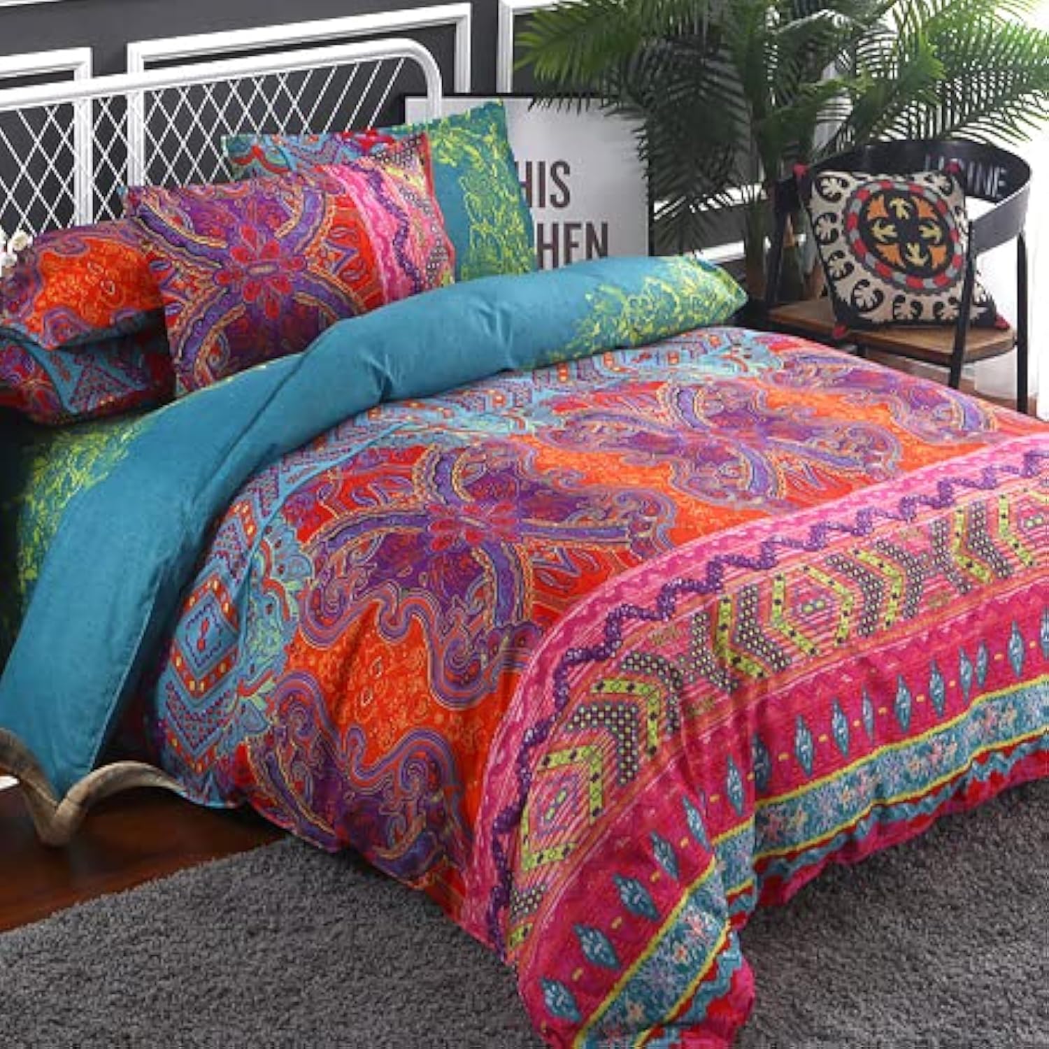 Wongs Bedding Bohemain Comforter Set King, Microfiber Reversible Boho Alternative Comforter Set - 3 Pieces (1 Solid Comforter Se