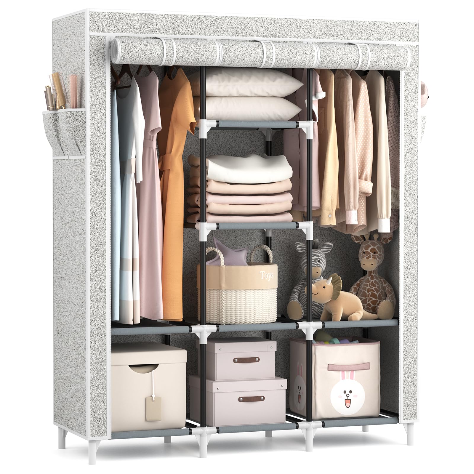 VTRIN Portable Closet Wardrobe for Hanging Clothes with 2 Hanging Rods and 8 Storage Organizer Shelves,Free Standing Clothes Rac