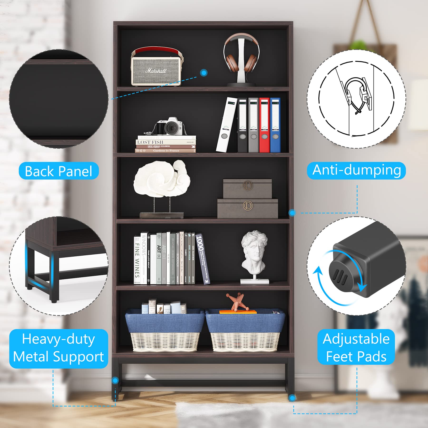 Tribesigns Tall Bookcase And Bookshelf, 70.8” Large Bookcases Organizer With 5-Tier Storage Shelves, Heavy Duty Free-Standing Library Bookshelf Shelving Unit For Living Room, Bedroom (Sandalwood)