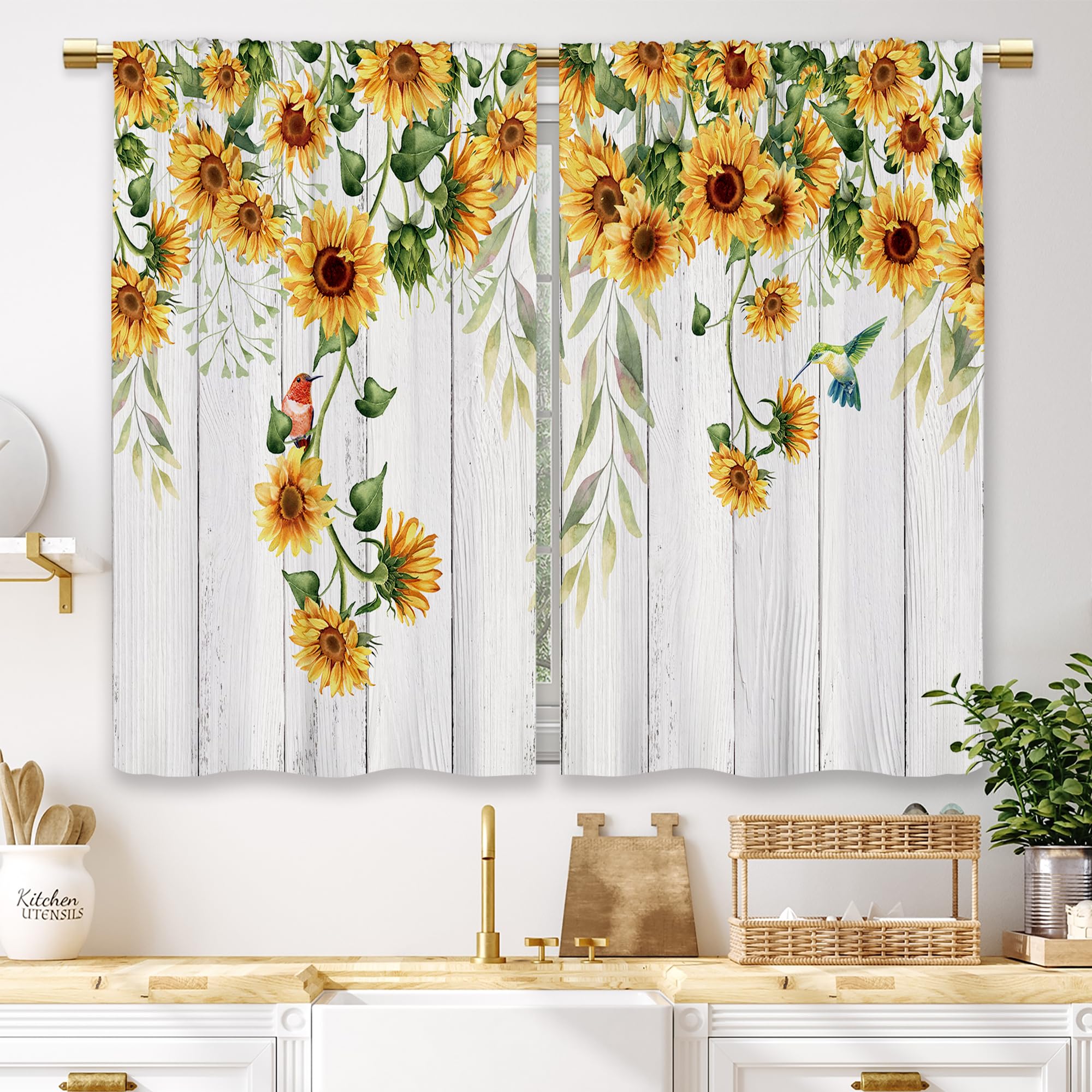 Laifzere Wooden Farmhouse Sunflower Kitchen Curtains Rustic Country Wood Sunflower Small Short Cafe Window Curtains Flower Flora