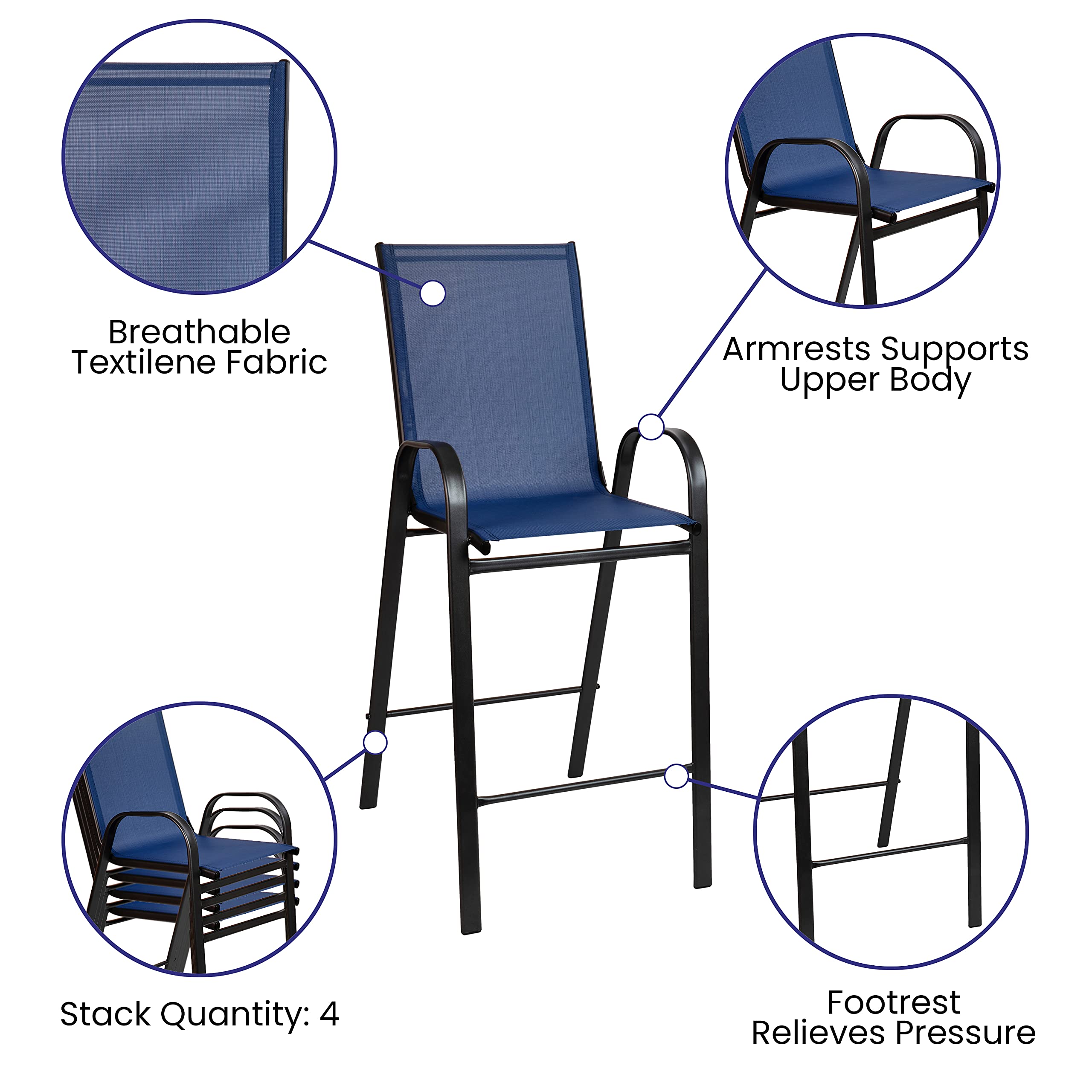 Flash Furniture Brazos Bar Table Set - 3 Piece Glass Brazos Bar Table with 2 Navy Patio Bar Stools - Brazos Outdoor Chairs