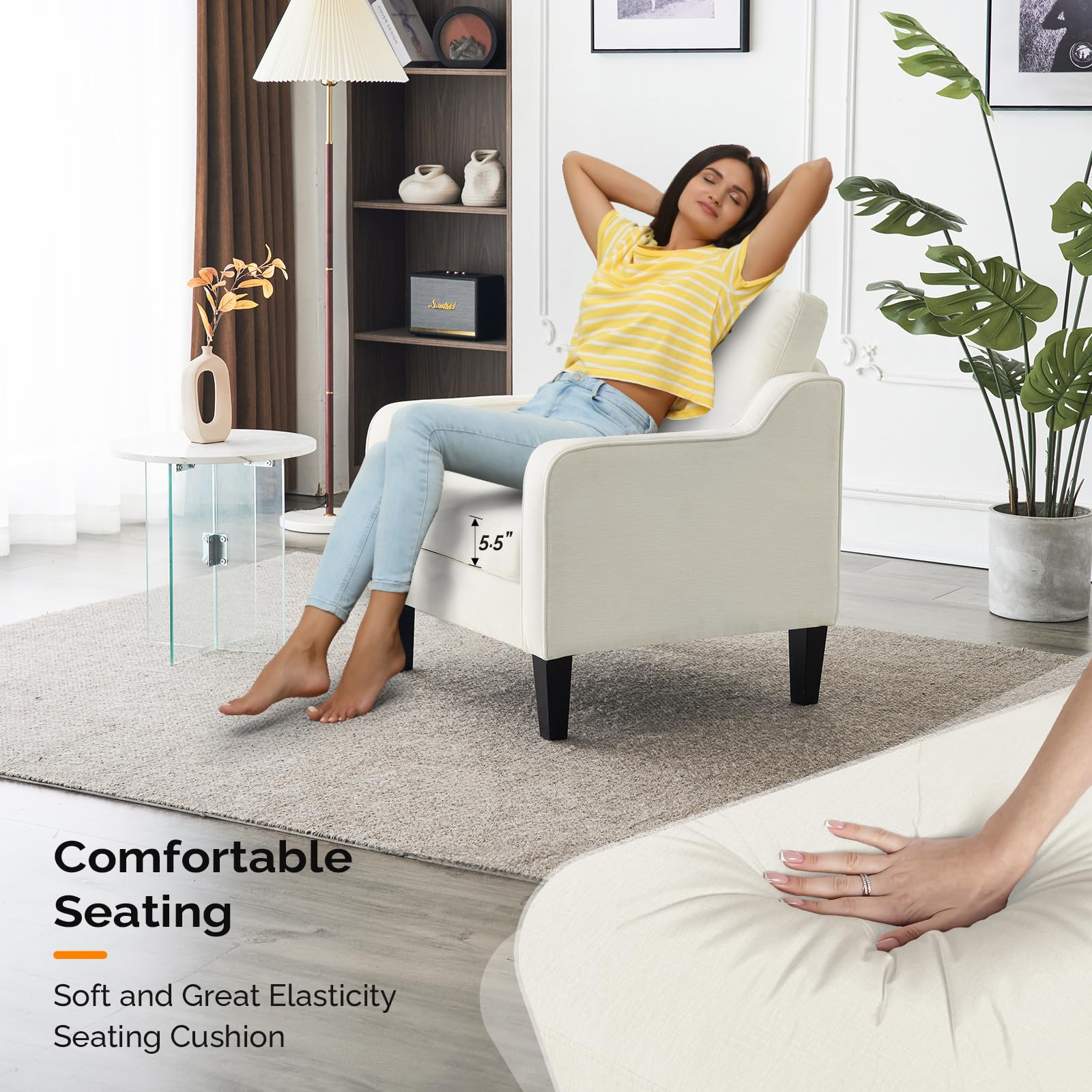 Vingli Accent Chairs For Living Room Arm Chairs Set Of 2 Mid Century Modern Chair Chenille Upholstered Comfy Chair Side Chair For Bedroom, Play Room, Apartment, Office (Creamy White)