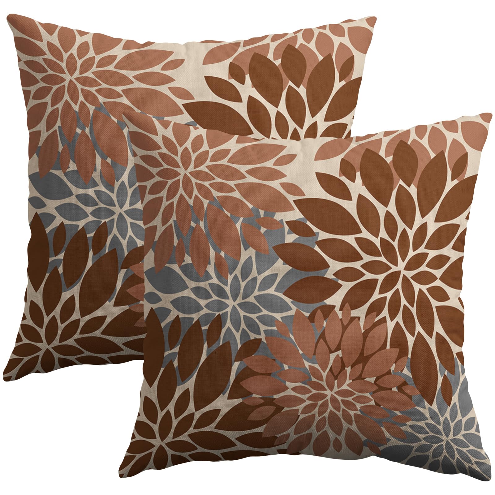 Smozenith Brown Grey Gray Pillow Covers 18X18 Inch Set Of 2, Spring Modern Geometry Dahlia Floral Print Decorative Throw Pillow
