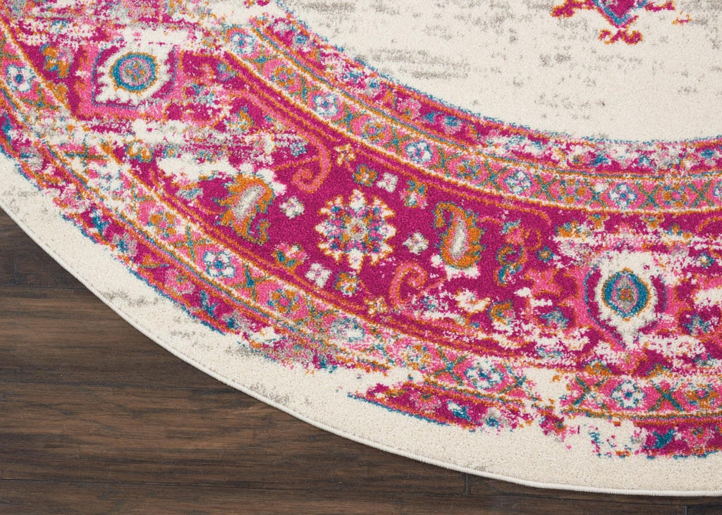 Nourison Passion Ivory/Fuchsia 8' X Round Area-Rug, Boho, Traditional, Easy-Cleaning, Non Shedding, Bed Room, Living Room, Hallw