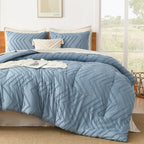 Litanika Queen Size Comforter Sets Grayish Blue, 3 Pieces Lightweight Chevron Tufted Bedding Comforter Set, Fluffy Winter Down A