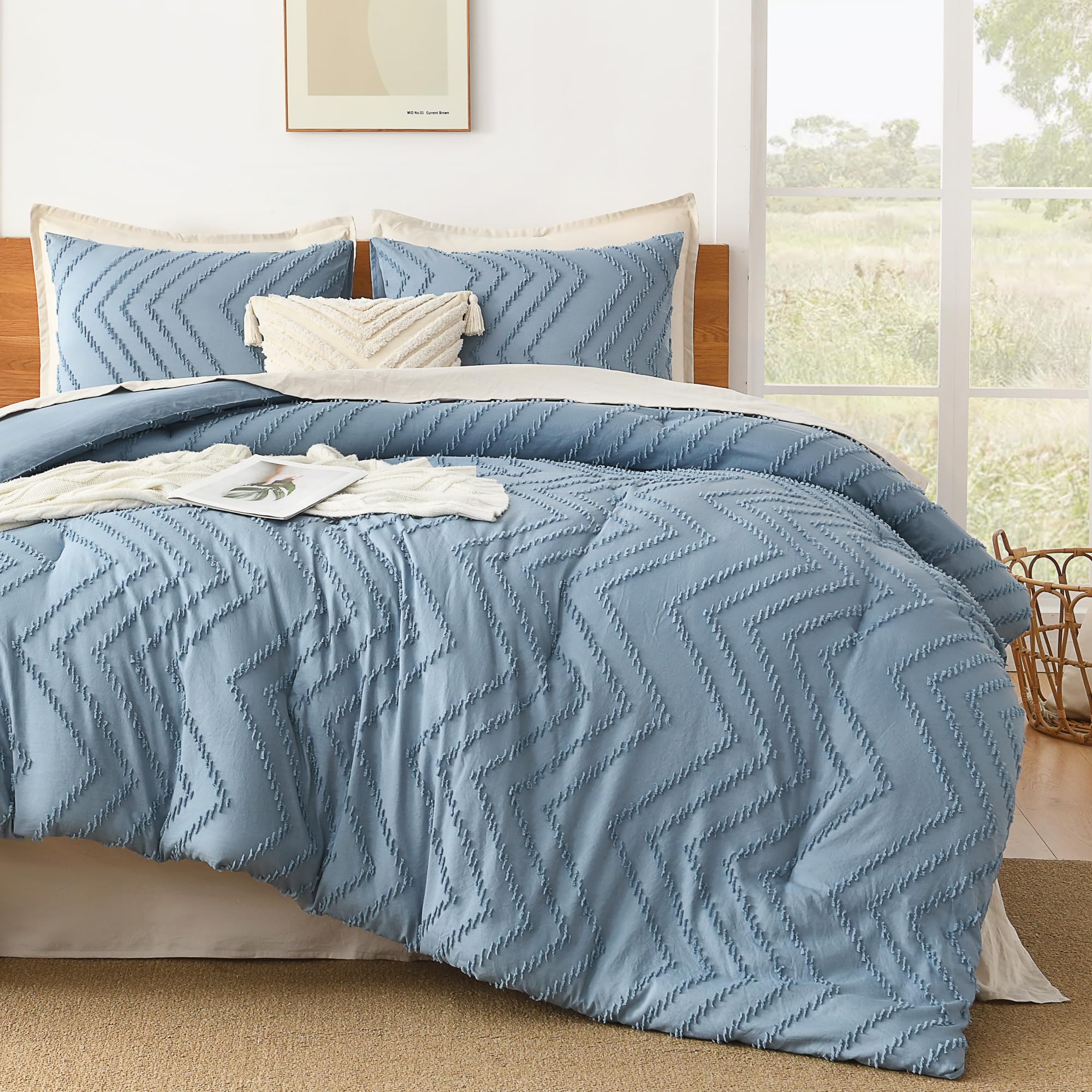Litanika Queen Size Comforter Sets Grayish Blue, 3 Pieces Lightweight Chevron Tufted Bedding Comforter Set, Fluffy Winter Down A