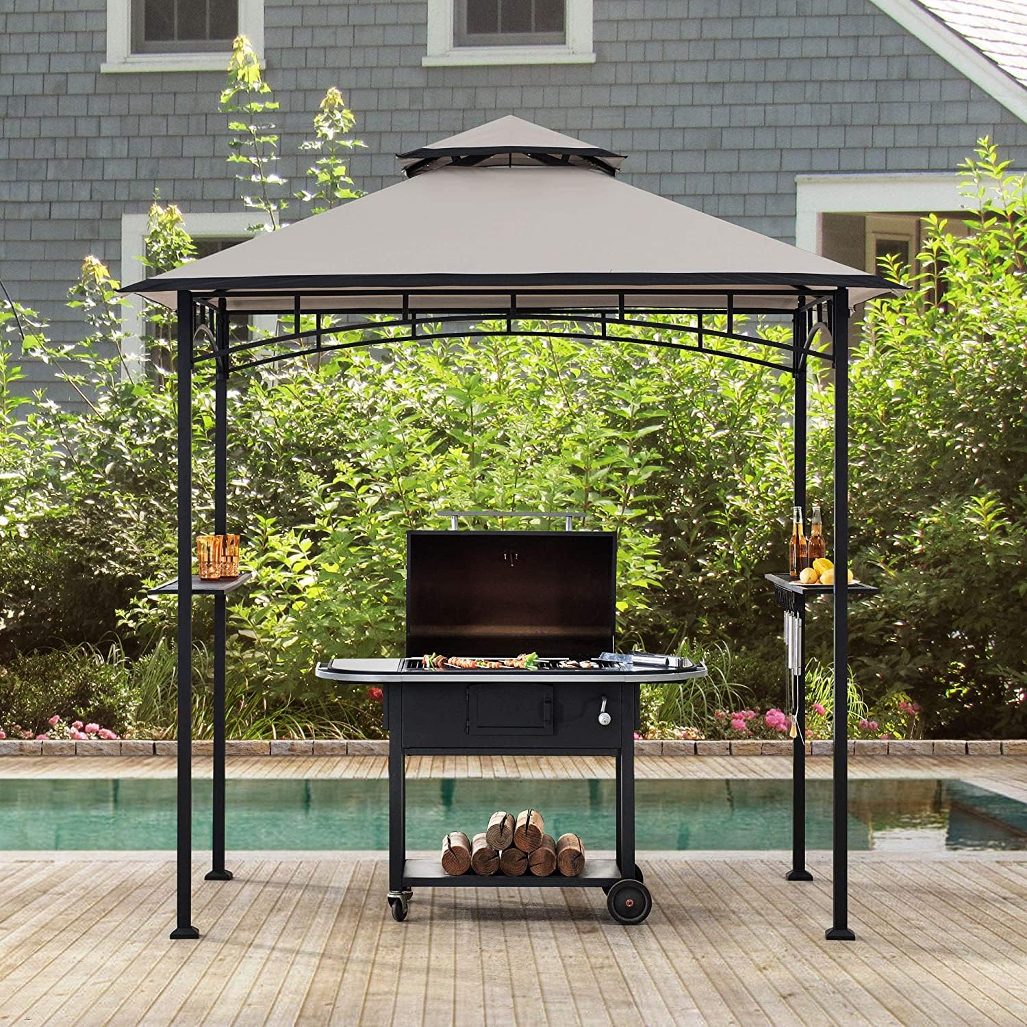 5 ft. x 8 ft. Black Steel 2-tier Grill Gazebo with Gray and Black Canopy