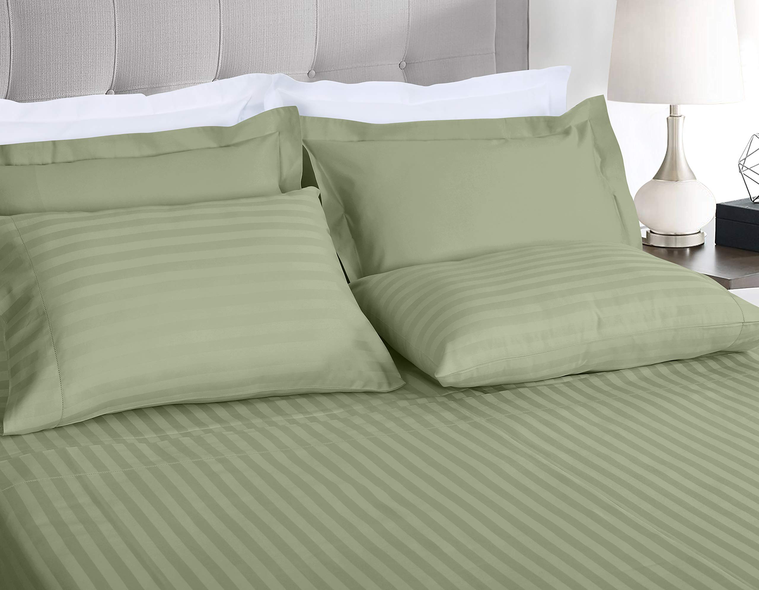 Threadmill 500 Thread Count Twin Size Damask Stripe, 3 Pc Luxury Cotton Sheet Set, Breathable & Silky Soft Sage Green Sheets Wit