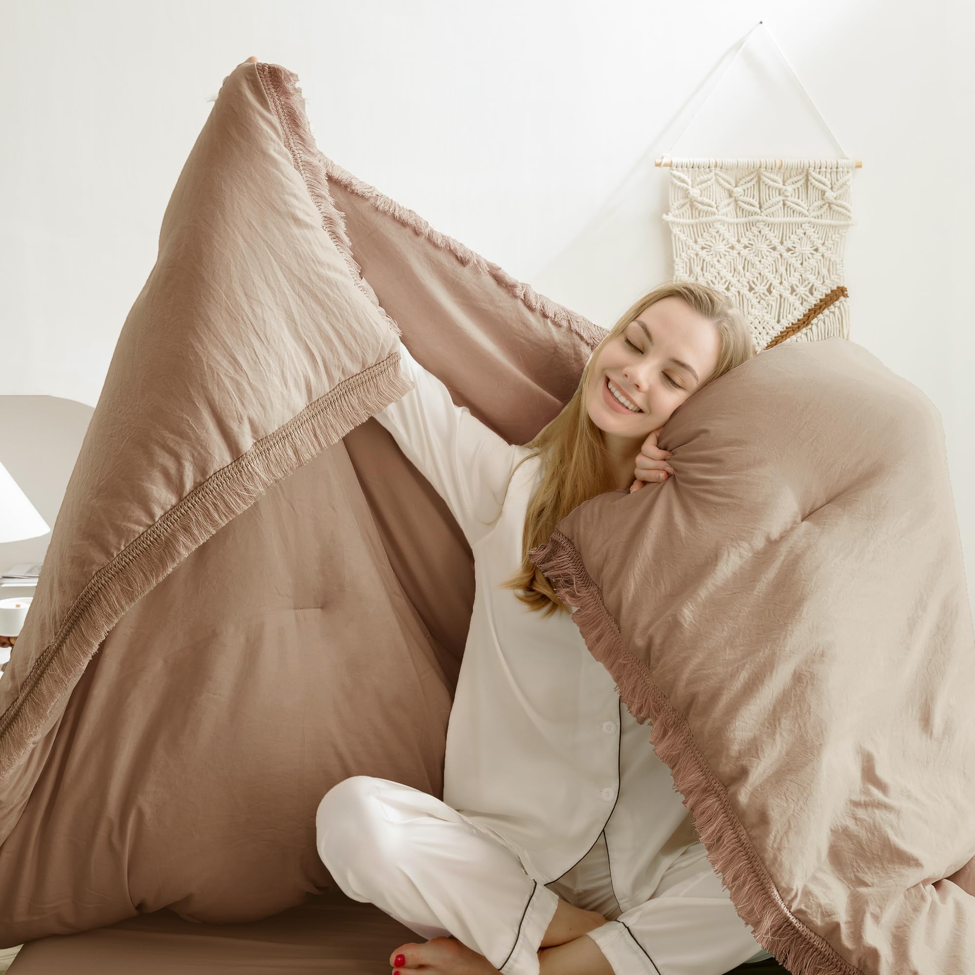 Andency Taupe Comforter Set California King, 3 Pieces Boho Tassel Lightweight Bedding Comforter Sets, Tan All Season Soft Fluffy Fringe Bed Set (104X96In Comforter & 2 Pillowcases)