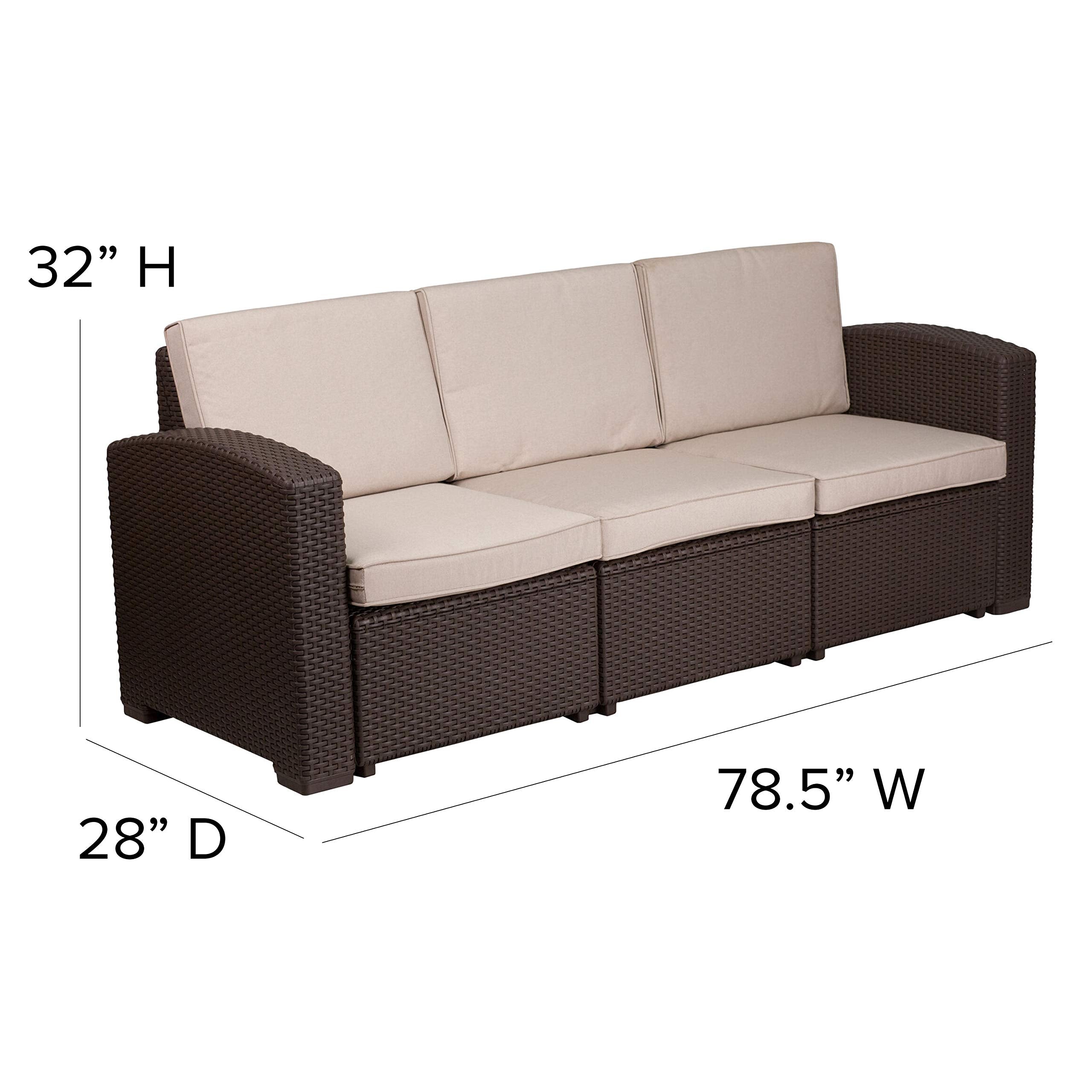 Flash Furniture Seneca Chocolate Brown Faux Rattan Sofa with All-Weather Beige Cushions