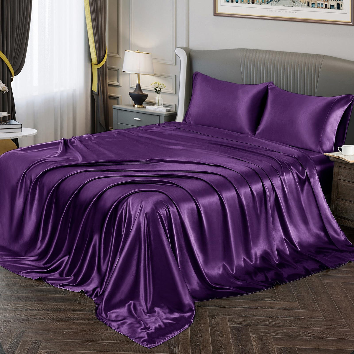 Vonty Satin Sheets Twin Silky Soft Satin Bed Sheets Dark Purple Satin Sheet Set, 1 Deep Pocket Fitted Sheet + 1 Flat Sheet + 1 P