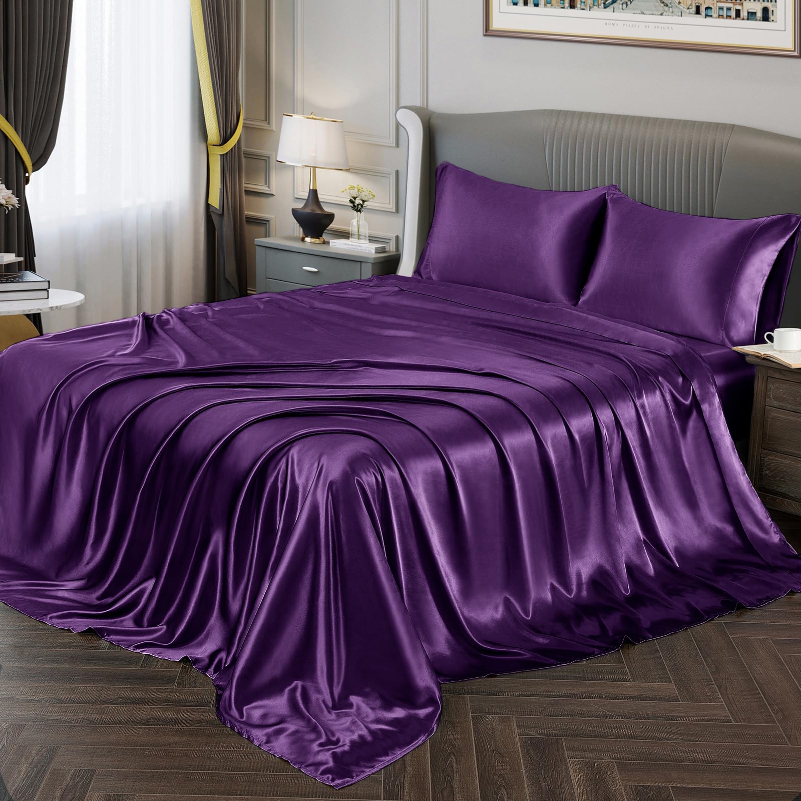 Vonty Satin Sheets Queen Size Silky Soft Satin Bed Sheets Dark Purple Satin Sheet Set, 1 Deep Pocket Fitted Sheet + 1 Flat Sheet