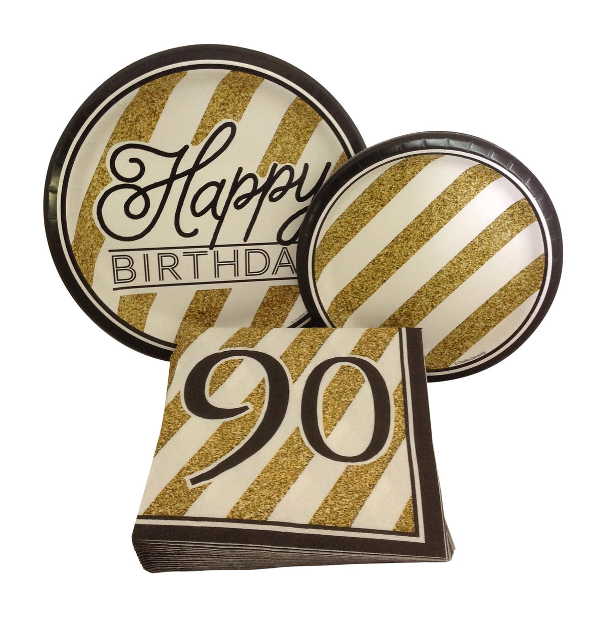 Black and Gold Happy 90th Birthday Party Bundle with Paper Plates and Napkins for 8 Guests