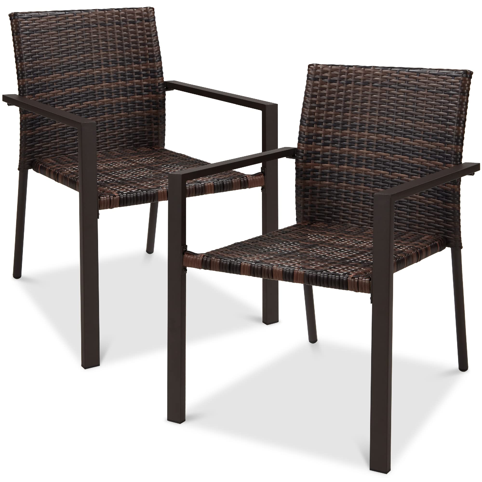 Best Choice Products Set Of 2 Stackable Outdoor Wicker Dining Chairs All-Weather Firepit Armchair W/Armrests, Steel Frame For Patio, Deck, Garden, Yard - Brown