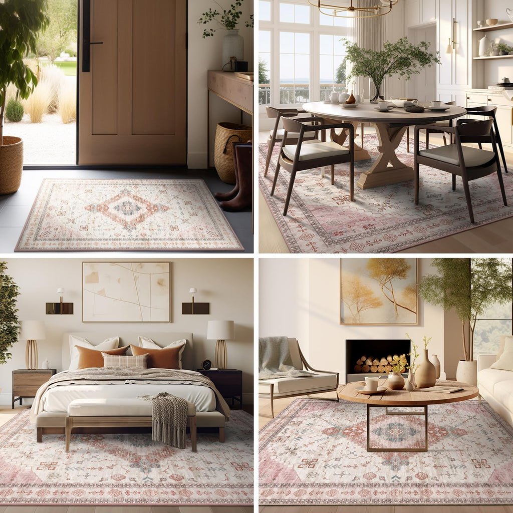Ashler Boho Rug, 6X9 Area Rugs, Vintage Rugs, Large Area Rug, Rugs For Living Room, Bedroom, Kitchen, Dinner, Blush/Beige Home D