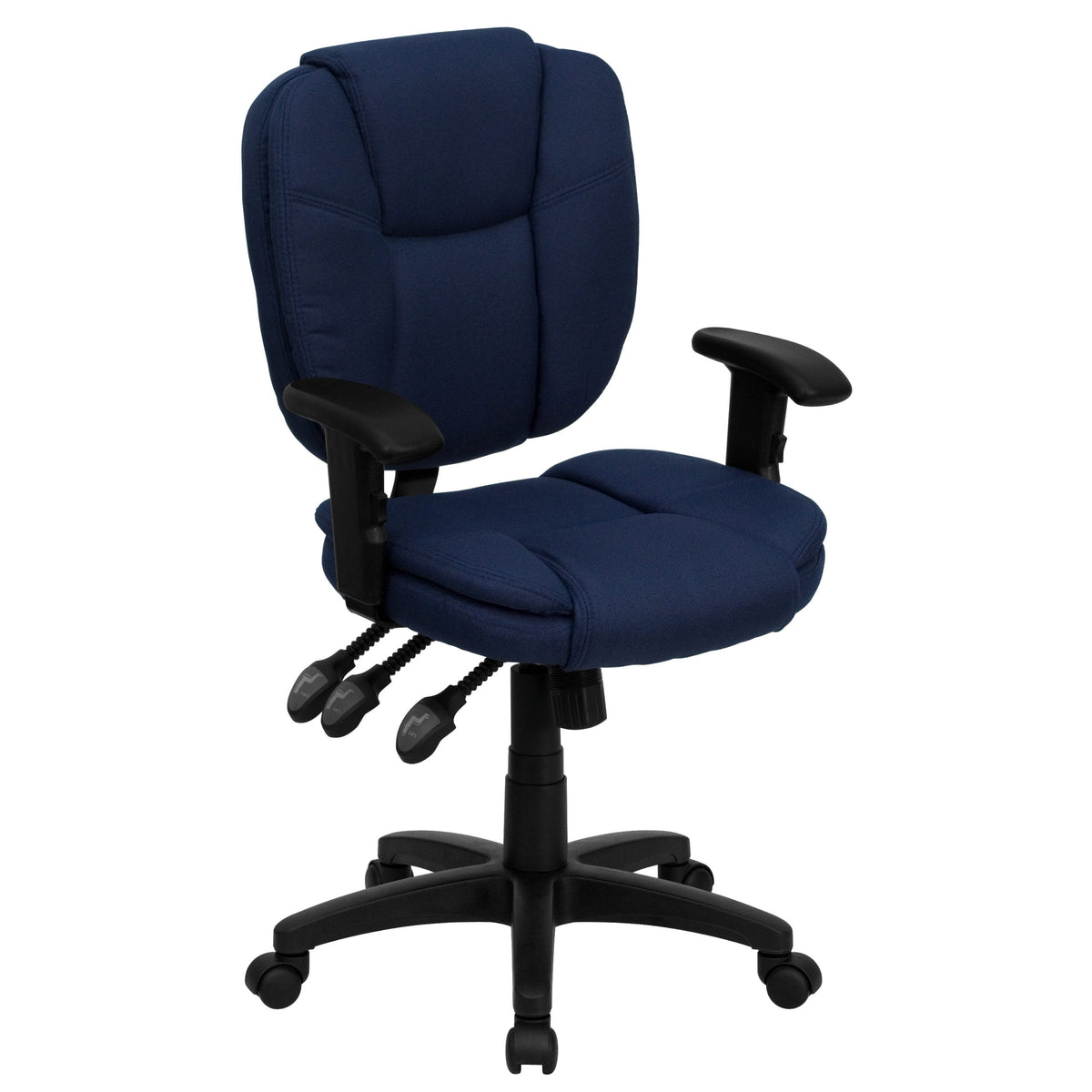 Flash Furniture Caroline Mid-Back Navy Blue Fabric Multifunction Swivel Ergonomic Task Office Chair with Pillow Top Cushioning and Arms